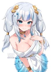 1girls 2d 2d_(artwork) alternate_breast_size ardenlolo armpits bangs bare_shoulders big_breasts blue_eyes blush blushing bracelet choker cleavage collarbone dress eyebrows_visible_through_hair gawr_gura hair_ornament hi_res hololive hololive_english hololive_myth holomyth huge_breasts light-skinned_female light_skin looking_at_viewer necklace painted_nails silver_hair twintails virtual_youtuber