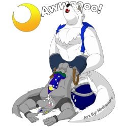 anthro balls belt bodily_fluids bottomwear canid canine canis clothing constellation cum duo genital_fluids genitals howl male male/male mammal moon muscular notkastar pecs penis shirt-lift shorts topwear vest wolf zatch_(notkastar)