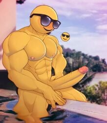 1boy 1male 2022 abs absurd_res areola athletic athletic_male balls belly_button biceps big_balls big_cock big_penis detailed_background deuzion digital_drawing_(artwork) digital_media_(artwork) emoji emoji_(buff) emoji_(race) erection fingers fit fit_male gay gay_male hi_res huge_cock large_penis lykansden male male_focus male_only muscular muscular_male muscular_thighs naked navel nipples nude pecs penis precum precum_drip sitting smile solo sunglasses vein veiny_penis water yaoi yellow_body yellow_skin