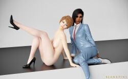 2girls 3d blankpins clothed_female dark-skinned_female dark_skin female female_only heels high_heels jacket long_hair mercy nude_female overwatch pharah pinup short_hair simple_background tie woman_in_suit