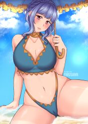 1girls alternate_costume ass_visible_through_thighs bangs bare_thighs beach bikini blue_bikini blue_hair blue_swimsuit braid breasts brown_eyes cleavage female female_only fire_emblem fire_emblem:_three_houses fire_emblem_heroes large_breasts light_blue_hair looking_at_viewer marianne_von_edmund marianne_von_edmund_(summer) nintendo ocean official_alternate_costume parasol partially_visible_vulva short_hair solo swimsuit thick_thighs thighs umbrella water yirusann