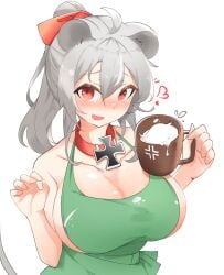 1girls animal_ears animal_tail apron apron_only blushing breasts collar collarbone cup daebom female female_only heart huge_breasts iron_cross light-skinned_female light_skin looking_at_viewer maus milk mouse_ears mouse_girl mouse_tail naked_apron partially_clothed personification red_eyes silver_hair simple_background solo spoken_heart war_thunder white_background