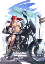 2girls breast_grab_from_behind breasts breasts_out crossover gainoob kill_la_kill matoi_ryuuko motorcycle multiple_girls nia_teppelin nipples pink_socks shorts simon_(tengen_toppa_gurren_lagann) socks tengen_toppa_gurren_lagann thigh_socks thighhighs watermark yoko_littner