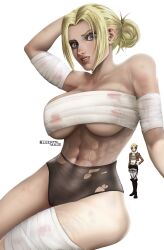 1girls 2020s 2022 4k abs absurd_res absurdres annie_leonhardt attack_on_titan bandage bandaged_arm bandaged_breasts bandaged_chest bandaged_leg big_breasts blonde_female blonde_hair blue_eyes blushedarts breasts chest_wraps eye_contact female hairbun high_resolution highres looking_at_viewer muscle muscle_tone muscles muscular muscular_female navel pussy shingeki_no_kyojin shounen_jump six_pack thick_thighs toned toned_female underboob white_background