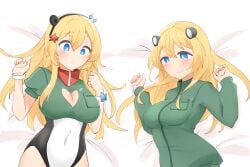 2girls big_breasts blonde_hair blue_eyes boob_window clothed daebom female_only humanized medium_breasts personification slight_blush su-122 su-122_(daebom) t-34 t-34-57 t-34-57(old) t34_(daebom) t34_family tagme tank war_thunder