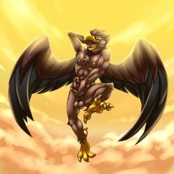 2022 4_toes anthro avian balls bassybefuddle beak big_penis black_body black_feathers black_wings brown_balls brown_body brown_feathers brown_penis brown_wings chest_tuft claws cloud erection feathers feet flying foreskin genitals glans gryphon half-closed_eyes hand_on_penis hi_res humanoid_genitalia humanoid_penis looking_down looking_pleasured luff_(kalofoxfire) male masturbation muscular muscular_anthro muscular_male mythological_avian mythology narrowed_eyes nude penile penile_masturbation penis red_glans smile solo spread_wings talons toe_claws toes tuft wings yellow_beak yellow_claws yellow_eyes