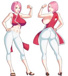 1girls 47_hard aqua_eyes ass big_ass big_breasts boruto:_naruto_next_generations breasts eye_contact female huge_breasts looking_at_viewer mature_female milf naruto naruto_(series) pants pink_hair sakura_haruno short_hair solo standing tight_clothing tight_pants white_pants wink