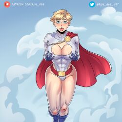 1girls abs ahe_gao areola_slip big_breasts blonde_hair blue_eyes blush breasts cleavage cleavage_cutout dc dc_comics female female_only fit fit_female grabbing_own_breast karen_starr kryptonian light-skinned_female power_girl run_666 short_hair solo superheroine superman_(series) thick_thighs tongue_out