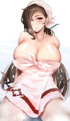 1girls alternate_breast_size bare_shoulders bare_thighs big_breasts breasts brown_eyes brown_hair cleavage covering female female_only fire_emblem fire_emblem_fates hair_over_one_eye huge_breasts kagero_(fire_emblem) large_breasts light-skinned_female light_skin long_hair naked_towel neko2k nintendo onsen shoulders sitting small_towel solo thighs towel very_long_hair