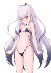 ahoge almost_naked bangs bare_shoulders bikini black_bikini blush bra breasts brown_eyes collarbone embarrassed fairy_knight_lancelot_(fate) fate/grand_order fate_(series) female flat_chest flat_chested forked_eyebrows highleg highleg_bikini highres jilu lingerie long_hair looking_at_viewer melusine_(fate) midriff navel panties presenting sidelocks small_breasts solo stomach swimsuit thick_thighs thighs white_hair yellow_eyes