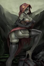 2022 2d anus ass big_breasts black_eyes breasts cloak clothed dark_souls dark_souls_2 desert_sorceress eyebrows eyelashes female female_focus fromsoftware green_body green_skin heels hood johnfoxart looking_at_viewer looking_back pussy smile smiling_at_viewer solo stockings sweat thighhighs uncensored white_sclera