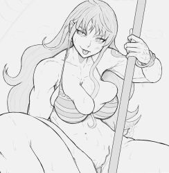 belly belly_button big_breasts bikini breasts female female_only greyscale huge_breasts long_hair monochrome muscular nami one_piece pirate post-timeskip solo striped_bikini thick tongue_out tummy yoracrab