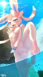 2022 4_toes absurd_res anthro anthrofied blue_eyes blush bodily_fluids breasts canid cloud cute_fangs day eeveelution featureless_breasts feet female fur furry furry_only genital_fluids genitals hi_res kemono mammal naughty_face nintendo no_nipples nude on_one_leg open_mouth outside partially_submerged paws pink_body pink_fur pokémon_(species) pokemon pokemon_(species) pokemon_only pokemorph pussy pussy_juice raised_leg rdnw0519 signature sky solo standing sylveon tail toes video_games water white_body white_fur