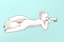 anthro ass backsack balls domestic_cat erection erwolf5 felid feline felis fur genitals looking_at_viewer lying male mammal nude on_front open_mouth pawpads paws penis phone pillow rear_view red_eyes simple_background smile solo tail whiskers white_body