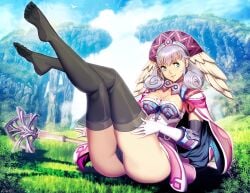 1girls ass blue_eyes cameltoe cape feet female female_only genzoman gloves grey_hair hat legs_up medium_breasts melia_antiqua nintendo panties pinup sitting staff stockings xenoblade_(series) xenoblade_chronicles