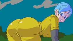 1girls ass big_ass big_butt blue_hair bulma_briefs dat_ass dragon_ball dragon_ball_super_super_hero jumpsuit kishinpain looking_at_viewer looking_back tagme