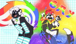 2022 absurd_res ambiguous_gender clothing collar crownedvictory domestic_ferret duo hi_res legwear male male/male mammal mephitid mustela mustelid musteline rainbow skunk skunk_spray tagme thigh_highs true_musteline