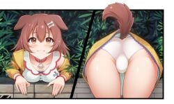 1girls :3 animal_collar animal_ears ass bent_over blush bone_hair_ornament border breasts brick_wall brown_eyes brown_hair brown_tail cartoon_bone closed_mouth collar dog_ears dog_girl dog_tail dress female female_only from_behind hair_ornament highres hololive hololive_gamers hololive_japan inugami_korone jacket long_hair long_sleeves looking_at_viewer medium_breasts merrytail microdress multiple_views on_wall paid_reward_available panties red_collar smile tail underwear virtual_youtuber white_panties yellow_jacket