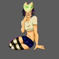 biting_finger booty_shorts cameltoe crop_top gorillaz hi_res mask napster_wolf noodle_(gorillaz) noodle_(plastic_beach) short_hair small_breasts tagme thick_thighs thighhighs