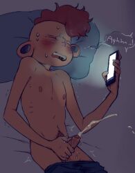 1boy bed cum ejaculation kalechip kalechippu lars_barriga lying_on_bed male male_only masturbation nude orgasm orgasm_face phone steven_universe