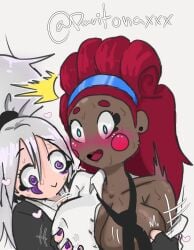 2girls alternate_version_available blue_eyes blush blushed curiosidades_feas dark-skinned_female dark_skin eyes flush flushed fnafhs fnafhs_z3ro grabbing grabbing_breasts grabbing_from_behind interracial light-skinned_female light_skin looking_at_breasts mai_(fnafhs) multiple_girls open_mouth paritonaxxx purple_eyes red_hair sweat sweatdrop text toddy_(fnafhs) tongue twitter_username yuri