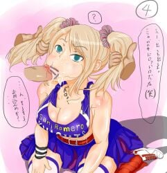 ashinoue_futomomo cheek_bulge cheerleader cum cum_out_nose fellatio juliet_starling lollipop_chainsaw twintails