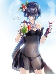 absurdres artist_name bare_shoulders bikini bikini_under_clothes black_bikini black_swimsuit blue_hair braid breasts cherry clear_glass_(mildmild1311) cleavage collarbone covered_navel cowboy_shot crown_braid dress drink female female_only fire_emblem fire_emblem_awakening fire_emblem_heroes food fruit groin highres lucina_(fire_emblem) lucina_(summer)_(fire_emblem) marth_(fire_emblem_awakening) mask navel nintendo official_alternate_costume see-through see-through_dress short_hair signature simple_background small_breasts smile solo swimsuit twitter_username