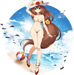 1girls android beach boobs breasts brown_hair capcom censored_pussy completely_naked completely_nude completely_nude_female curvaceous curves curvy curvy_body curvy_female curvy_figure edit female female_only green_eyes hat iris_(mega_man) long_hair medium_breasts mega_man mega_man_x mega_man_x_dive naked nipples nude nude_female nude_filter robot robot_girl robot_humanoid solo solo_female swimsuit_iris_(x_dive) thebrise tits