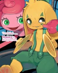 1boy 1girls black_pupils blush bunzo_bunny child cute cymbals english_text femdom furry green_eyes living_toy long_arms long_ears looking_at_another mommy_long_legs pink_body pink_hair pink_skin poppy_playtime talking talking_to_another teeth text toy white_pupils yellow_fur yupa