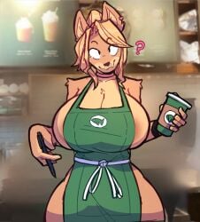 anthro apron apron_only areola areola_slip big_breasts breasts canid canine canis clothing domestic_dog female hair huge_breasts iced_latte_with_breast_milk mammal meme minami_(remanedur) minami_yamji mostly_nude nipple_slip ponytail remanedur shiba_inu solo spitz thick_thighs wide_hips