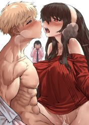 2boys abs black_hair blonde_hair breath covering_eyes cum cum_in_pussy cum_inside female haraya heart heart_in_eye heavy_breathing loid_forger multiple_boys muscular muscular_male necktie off-shoulder_sweater off_shoulder open_mouth pectorals red_sweater saliva saliva_trail sisterly_cuckold spy_x_family straddling straight sweater symbol_in_eye tongue tongue_out twilight_(spy_x_family) undressing upright_straddle wide-eyed yor_briar yor_forger yuri_briar