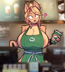 anthro apron apron_only areola areola_slip big_breasts breasts canid canine canis clothing domestic_dog female hair iced_latte_with_breast_milk mammal meme minami_(remanedur) minami_yamji mostly_nude nipple_slip ponytail remanedur shiba_inu solo spitz thick_thighs wide_hips