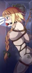 afraid arms_behind_back ball_gag black_ribbon blonde_hair blue_eyes blush bondage bound_arms bound_breasts bound_legs braided_hair breasts dragon-burst drool female femsub gag hot_breath jeanne_d'arc_(fate) locker locker_bondage long_hair nude pink_nipples rope squish steamy_breath