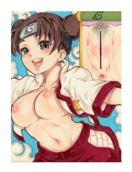 1girls bar_censor blush breasts breasts_out brown_eyes brown_hair censored close-up double_bun forehead_protector hair_bun happy happy_female headband inverted_nipples konohagakure_symbol kunoichi long_hair looking_at_viewer naruto naruto_(series) naruto_shippuden ninja no_bra open_clothes open_mouth open_shirt open_smile pants petite presenting presenting_breasts presenting_pussy pubic_hair pussy_focus sannen_netarou shounen_jump smile solo solo_focus tenten tied_hair