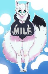 2020 4_toes absurd_res anthro big_breasts blep breasts canid canine claws clothing female fluffy fluffy_tail fox gausscannon hi_res huge_breasts looking_at_viewer mammal shirt solo svala_(svala_fox) text text_on_clothing text_on_shirt text_on_topwear toe_claws toes tongue tongue_out topwear