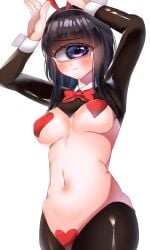 1_eye 1girls animal_ears arms_up azen_(mntimcczgrtn) bangs black_hair blunt_bangs blush bow bowtie breasts bunny_ears bunny_pose covered_nipples cyclops fake_animal_ears female frown hairband heart_maebari heart_pasties highres large_breasts latex long_hair maebari monster_girl navel nontraditional_playboy_bunny one-eyed original pasties purple_eyes rabbit_ears red_heart_pasties red_pasties skin_tight solo solo_female sweat wrist_cuffs