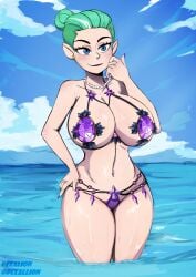 1girls beach big_breasts bikini curvy disney green_hair high_resolution jewelry milf odalia_blight pixalion seductive_look smile smooth_skin solo_female tagme the_owl_house violet_bikini witch