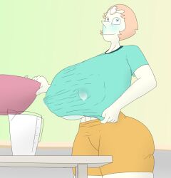 5h4m3l355 artist_request big_ass erect_nipples gem_(species) huge_breasts lactating lactation lactation_through_clothes milk no_bra orange_hair pearl_(steven_universe) shorts steven_universe thick_thighs underboob white_skin