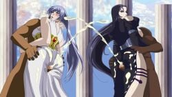 2boys 2girls artist_request athena_(saint_seiya) big_ass black_hair_female busty cumming_together dark-skinned_male dark_skin flushed_face grabbing_ass interracial muscular_male pandora_(saint_seiya) penis_in_ass purple_hair saint_seiya saint_seiya:_the_lost_canvas sasha_(saint_seiya) semen_on_ass tagme wide_hips