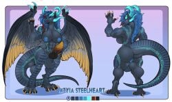 anthro areola aziya_steelheart balls black_body black_scales blue_areola blue_body blue_eyes blue_hair blue_horn blue_lips blue_markings blue_pussy blue_scales breasts claws curved_horn dragon feathered_wings feathers front_view fsmaverick genitals gesture gynomorph hair herm horn intersex knot lips long_hair looking_away markings model_sheet multi_horn multicolored_hair multicolored_penis muscular muscular_anthro muscular_gynomorph muscular_intersex paws penile_spines penis pussy raised_arm scales solo spread_wings tattoo toe_claws waving wings