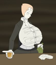 5h4m3l355 alcohol artist_request bartender button_down_shirt cleavage forehead_jewel gem_(species) hourglass_figure huge_breasts no_bra pearl_(steven_universe) steven_universe straining_buttons waitress