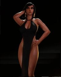 1girls 3d arm_up artist_request black_dress black_hair brown_eyes cleavage dark-skinned_female dark_skin dress female female_only fully_clothed overwatch pharah short_hair solo tanline tattoo unknown_artist