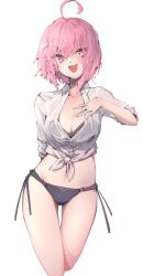 1girls bikini blouse breasts cleavage eyebrows_visible_through_hair female female_focus female_only hand_on_breast looking_at_viewer matching_hair/eyes medium_breasts mizutsunya open_mouth pink_eyes pink_hair sae_(vtuber) shirt short_hair slime_clothing slime_girl slime_hair solo_female swimsuit tied_shirt virtual_youtuber wet_shirt white_background