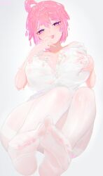 eyebrows_visible_through_hair feet female_focus finger_to_tongue groping_self highres huge_breasts lobs looking_at_viewer matching_hair/eyes melting_clothes pink_eyes pink_hair sae_(vtuber) see-through_clothing slime_clothing slime_girl slime_hair solo_female tongue_out virtual_youtuber white_background