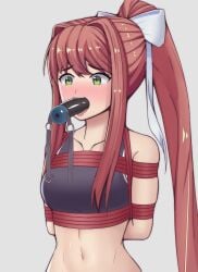 1girls arms_behind_back blush bondage bonkulus brunette burgundy_hair cock_gag deepthroat dildo dildo_gag dildo_mask doki_doki_literature_club female femsub fringe gag ginger green_eyes hands_tied imminent_deepthroat innocent long_hair looking_down monika_(doki_doki_literature_club) pale-skinned_female penis_gag petite pink_hair ponytail questionable_consent ribbon rope sports_bra submissive_female surprise_deepthroat surprised throat_penetration throat_training tight_throat tongue_out white_ribbon