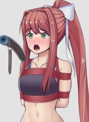 1girls arms_behind_back blush bondage bonkulus bound bound_arms burgundy_hair cock_gag deepthroat dildo dildo_gag dildo_mask doki_doki_literature_club female femsub fringe gag ginger green_eyes hands_tied imminent_deepthroat innocent monika_(doki_doki_literature_club) open_mouth pale-skinned_female penis_gag petite pink_hair ponytail questionable_consent rope rope_bondage solo solo_female sports_bra submissive_female surprise_deepthroat surprised throat_training tight_throat tongue_out