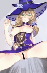 aruman genshin_impact lisa_(genshin_impact) spread_legs witch_hat