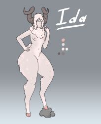 anthro ass big_butt big_horn biped bottom_heavy bovid bovid_horn breasts caprine caprine_horn closed_eyes cloven_hooves female fluffy fur hair hand_on_hip hi_res hooves horn lap_lamb mammal neck_tuft nude sheep simple_background small_breasts small_waist solo thick_thighs tuft wavy_hair white_body white_fur wide_hips