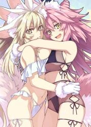 2girls animal_ear_fluff animal_ears bangs bare_shoulders bikini black_bikini blonde_hair blush breasts bunny_ears extra_ears fate/grand_order fate_(series) fox_ears fox_girl fox_tail gloves hair_between_eyes highres koyanskaya_(assassin) koyanskaya_(assassin_third_ascension) koyanskaya_(fate) koyanskaya_(foreigner) koyanskaya_(foreigner_third_ascension) large_breasts long_hair looking_at_viewer multiple_girls off-shoulder_bikini off_shoulder open_mouth pink_hair rabbit_ears saipaco sidelocks smile swimsuit tail tamamo_nine thighs very_long_hair white_bikini white_gloves yellow_eyes