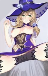 aruman genshin_impact lisa_(genshin_impact) spread_legs witch_hat